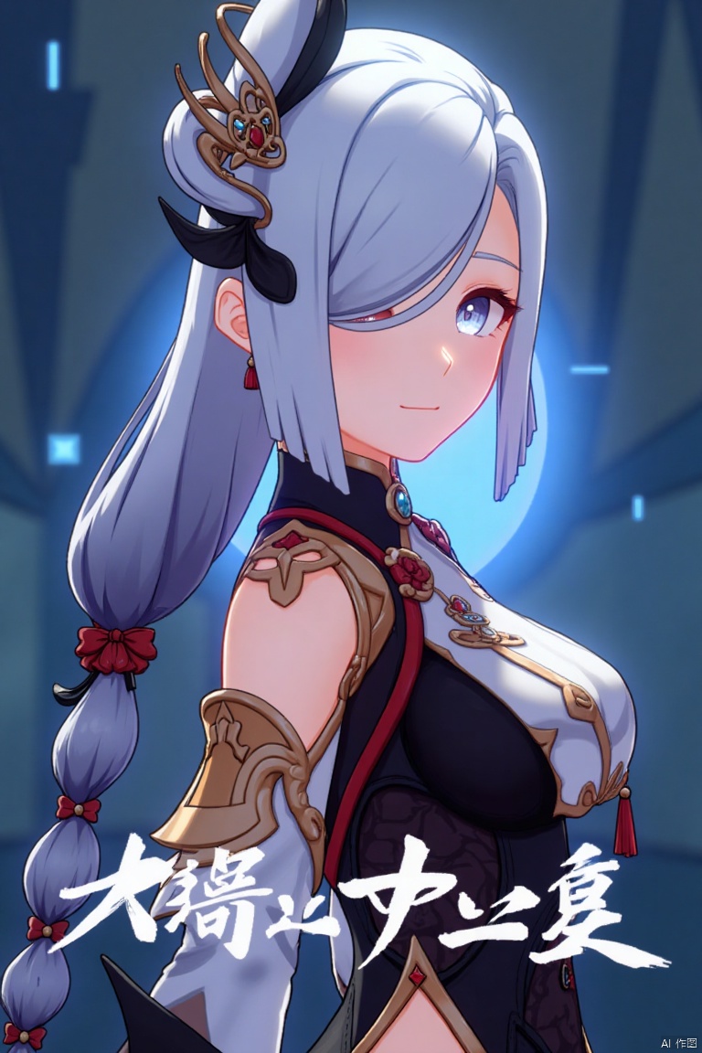 1girl, solo, upper body shot, very long white braided hair with a braided ponytail, hair over one eye, bangs, blue eyes, looking directly at the viewer, blush, soft smile, parted lips, hair ornament with intricate details, tassel earrings, tassel accents, form-fitting bodysuit with gold trim, clothing cutout revealing subtle skin, delicate flower details, Shenhe (Genshin Impact) style, cinematic lighting with high contrast, dynamic composition, detailed background with a movie poster theme, dramatic atmosphere, sharp focus, three-dimensional text AGlong centered below the subject, vibrant and striking colors, intense yet elegant mood.
