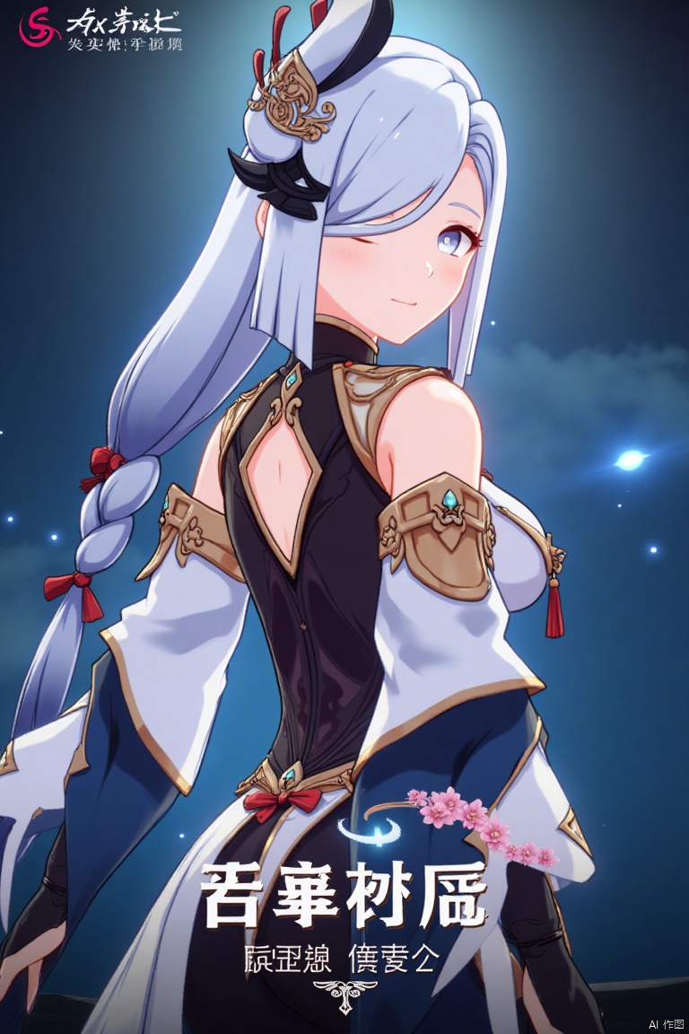 1girl, solo, upper body shot, very long white braided hair with a braided ponytail, hair over one eye, bangs, blue eyes, looking directly at the viewer, blush, soft smile, parted lips, hair ornament with intricate details, tassel earrings, tassel accents, form-fitting bodysuit with gold trim, clothing cutout revealing subtle skin, delicate flower details, Shenhe (Genshin Impact) style, cinematic lighting with high contrast, dynamic composition, detailed background with a movie poster theme, dramatic atmosphere, sharp focus, three-dimensional text AGlong centered below the subject, vibrant and striking colors, intense yet elegant mood.