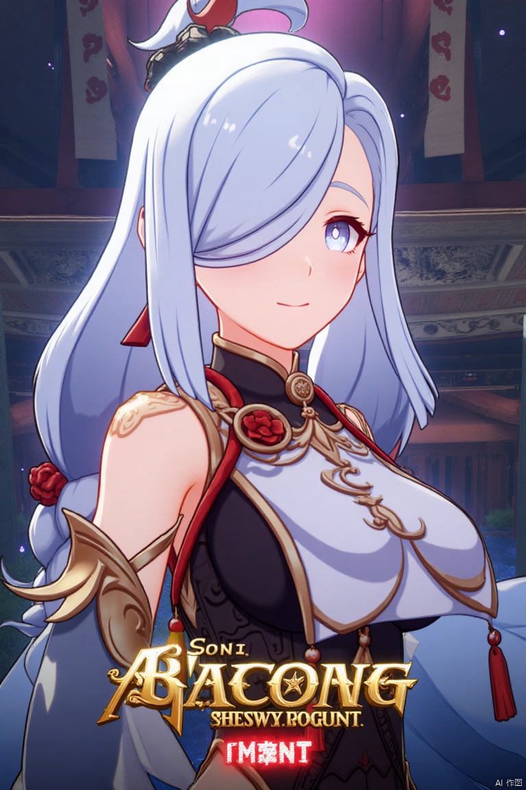 1girl, solo, upper body, very long white braided hair with a braided ponytail, hair over one eye, bangs, blue eyes, looking at viewer, blush, smile, parted lips, hair ornament, tassel earrings, tassel, bodysuit with gold trim, clothing cutout, flower, Shenhe (Genshin Impact) style, movie poster, three-dimensional text AGlong in the middle below, cinematic lighting, dynamic composition, detailed background with poster theme, high contrast, sharp focus, dramatic atmosphere, intense gaze, intricate details, vibrant colors, ethereal glow, flowing fabric, ornate design, mystical aura, bold shadows, striking pose, epic scale, immersive depth.