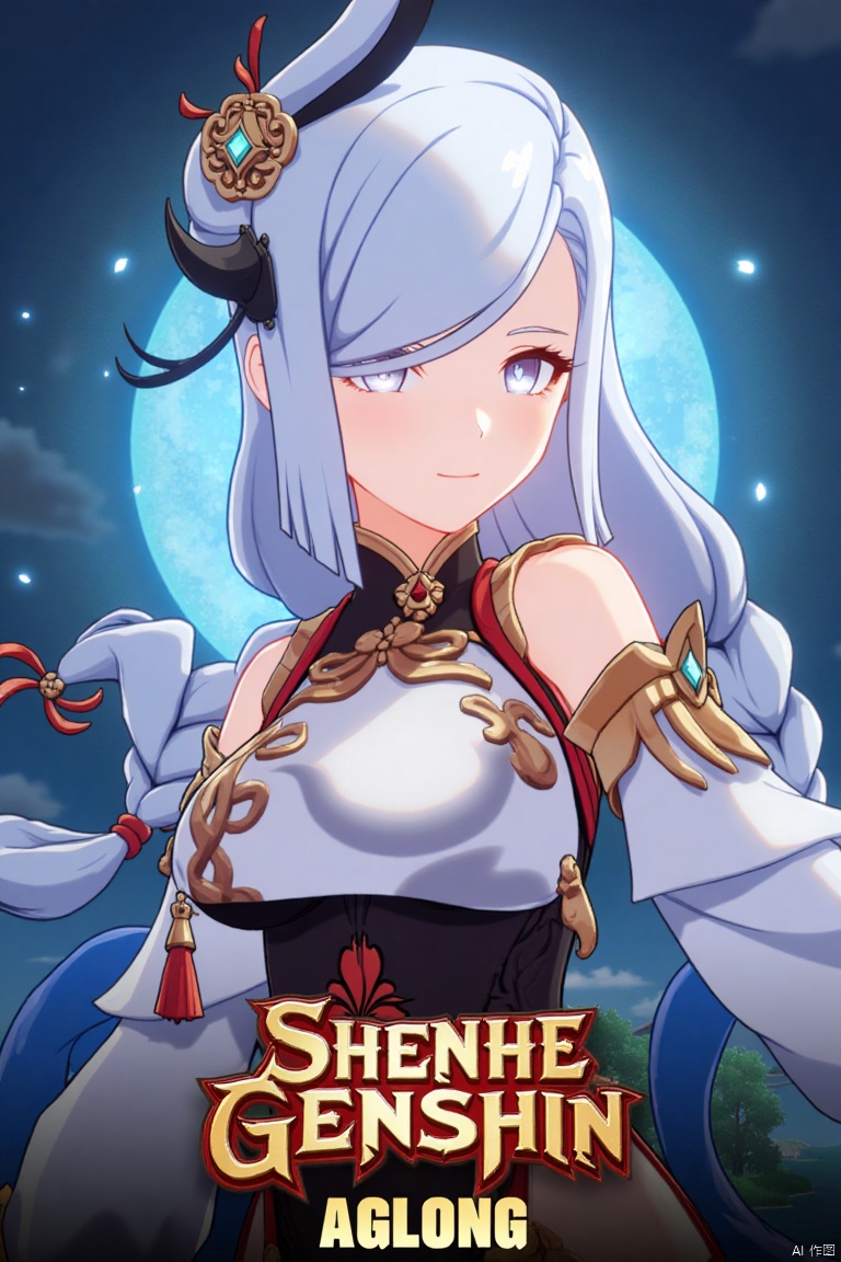 1girl, solo, upper body, very long white braided hair with a braided ponytail, hair over one eye, bangs, blue eyes, looking at viewer, blush, smile, parted lips, hair ornament, tassel earrings, tassel, bodysuit with gold trim, clothing cutout, flower, Shenhe (Genshin Impact) style, movie poster, three-dimensional text AGlong in the middle below, cinematic lighting, dynamic composition, detailed background with poster theme, high contrast, sharp focus, dramatic atmosphere, intense gaze, intricate details, vibrant colors, ethereal glow, flowing fabric, ornate design, mystical aura, bold shadows, striking pose, epic scale, immersive depth.