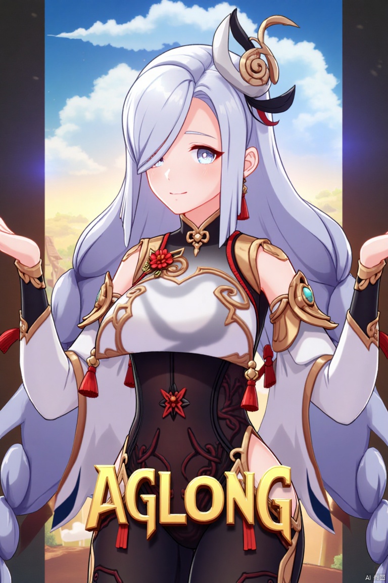 1girl, solo, upper body, very long white braided hair with a braided ponytail, hair over one eye, bangs, blue eyes, looking at viewer, blush, smile, parted lips, hair ornament, tassel earrings, tassel, bodysuit with gold trim, clothing cutout, flower, Shenhe (Genshin Impact) style, movie poster, three-dimensional text AGlong in the middle below, cinematic lighting, dynamic composition, detailed background with poster theme, high contrast, sharp focus, dramatic atmosphere, intense gaze, intricate details, vibrant colors, ethereal glow, flowing fabric, ornate design, mystical aura, bold shadows, striking pose, epic scale, immersive depth.