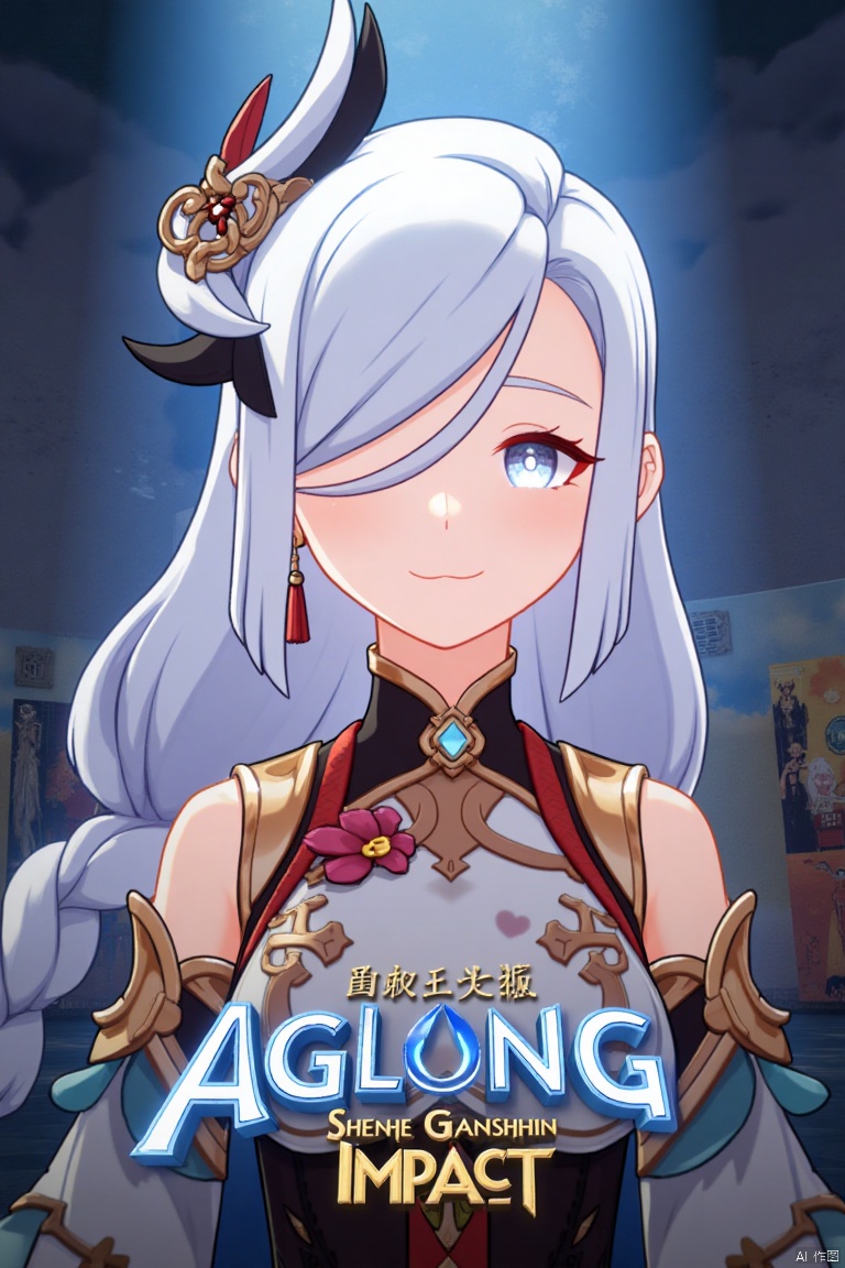 1girl, solo, upper body, very long white braided hair with a braided ponytail, hair over one eye, bangs, blue eyes, looking at viewer, blush, smile, parted lips, hair ornament, tassel earrings, tassel, bodysuit with gold trim, clothing cutout, flower, Shenhe (Genshin Impact) style, movie poster, three-dimensional text AGlong in the middle below, cinematic lighting, dynamic composition, detailed background with poster theme, high contrast, sharp focus, dramatic atmosphere, intense gaze, intricate details, vibrant colors, ethereal glow, flowing fabric, ornate design, mystical aura, bold shadows, striking pose, epic scale, immersive depth.