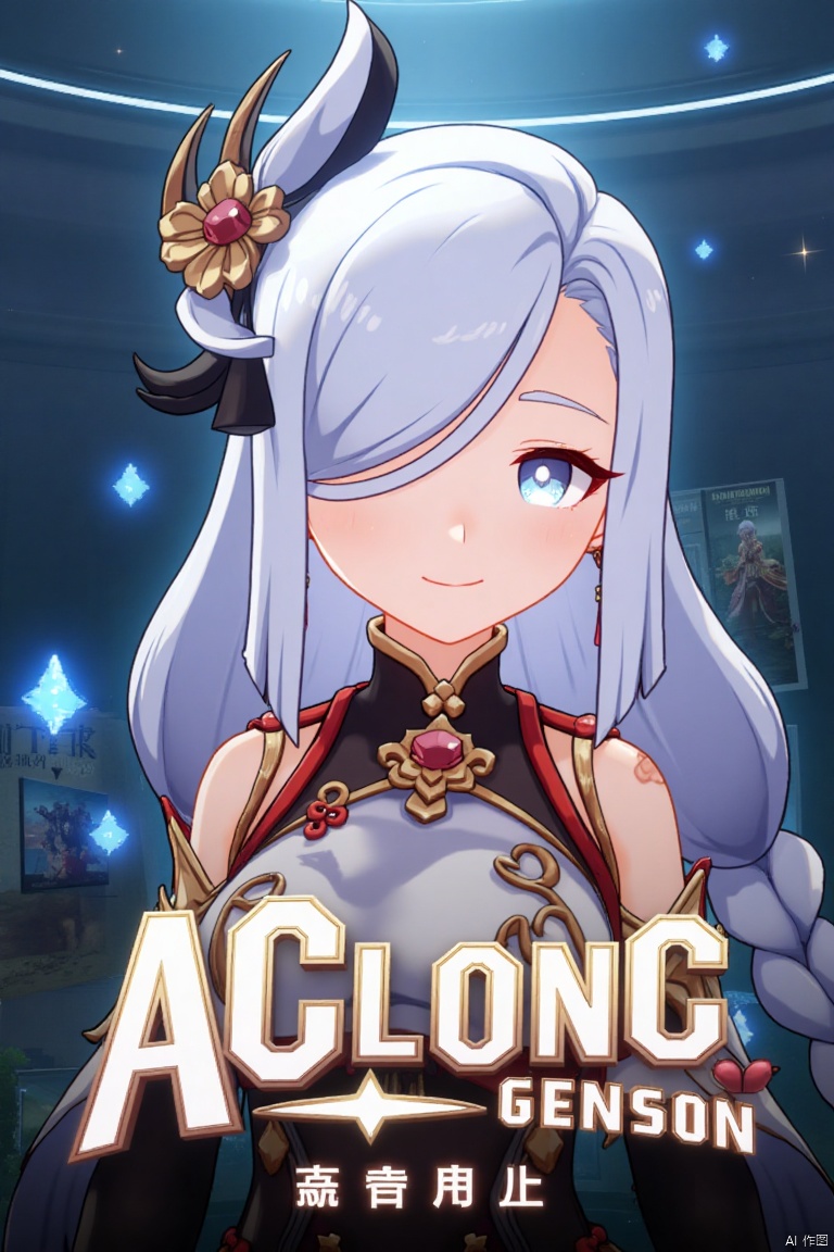 1girl, solo, upper body, very long white braided hair with a braided ponytail, hair over one eye, bangs, blue eyes, looking at viewer, blush, smile, parted lips, hair ornament, tassel earrings, tassel, bodysuit with gold trim, clothing cutout, flower, Shenhe (Genshin Impact) style, movie poster, three-dimensional text AGlong in the middle below, cinematic lighting, dynamic composition, detailed background with poster theme, high contrast, sharp focus, dramatic atmosphere, intense gaze, intricate details, vibrant colors, ethereal glow, flowing fabric, ornate design, mystical aura, bold shadows, striking pose, epic scale, immersive depth.