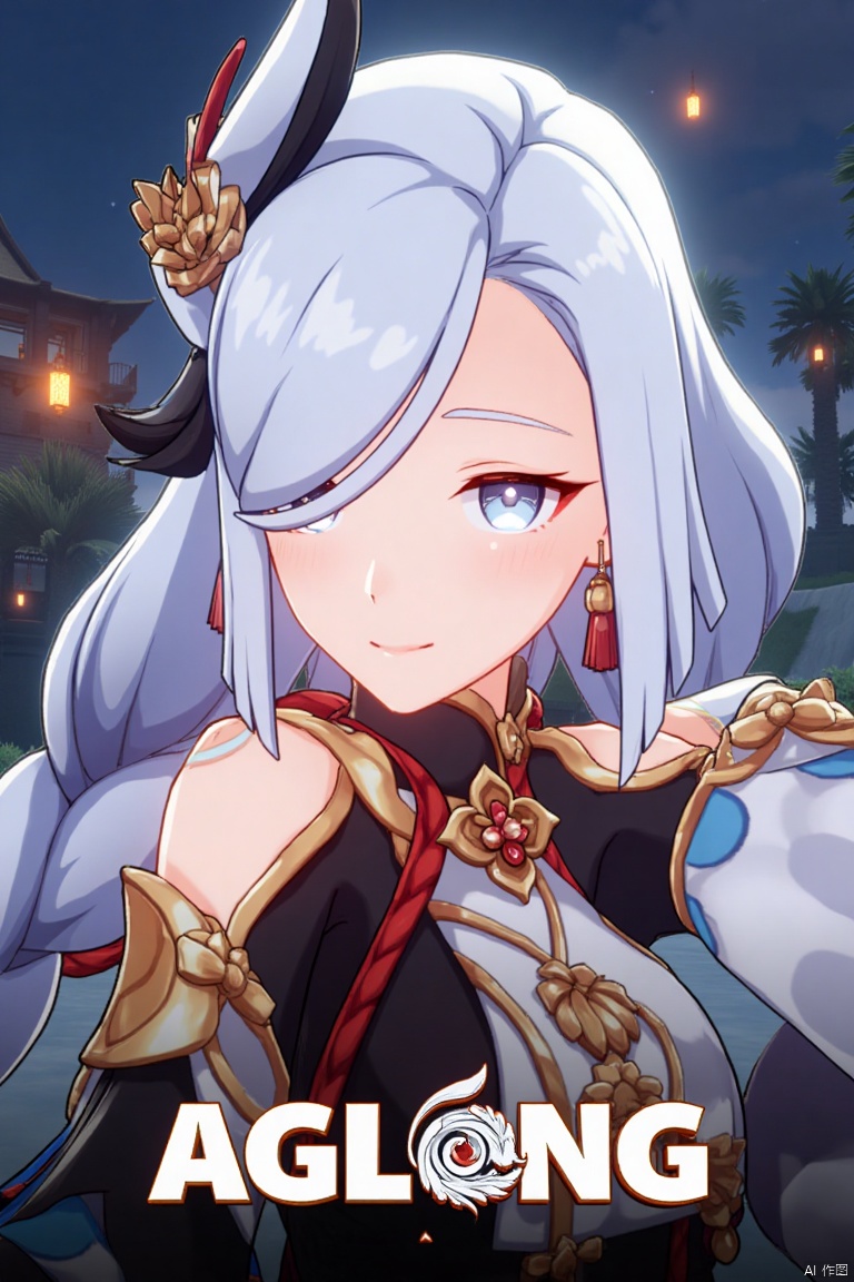 1girl, solo, upper body, very long white braided hair with a braided ponytail, hair over one eye, bangs, blue eyes, looking at viewer, blush, smile, parted lips, hair ornament, tassel earrings, tassel, bodysuit with gold trim, clothing cutout, flower, Shenhe (Genshin Impact) style, movie poster, three-dimensional text AGlong in the middle below, cinematic lighting, dynamic composition, detailed background with poster theme, high contrast, sharp focus, dramatic atmosphere. The girl's confident pose highlights the intricate details of her outfit, while the vibrant, themed background and bold text create a striking cinematic poster design.