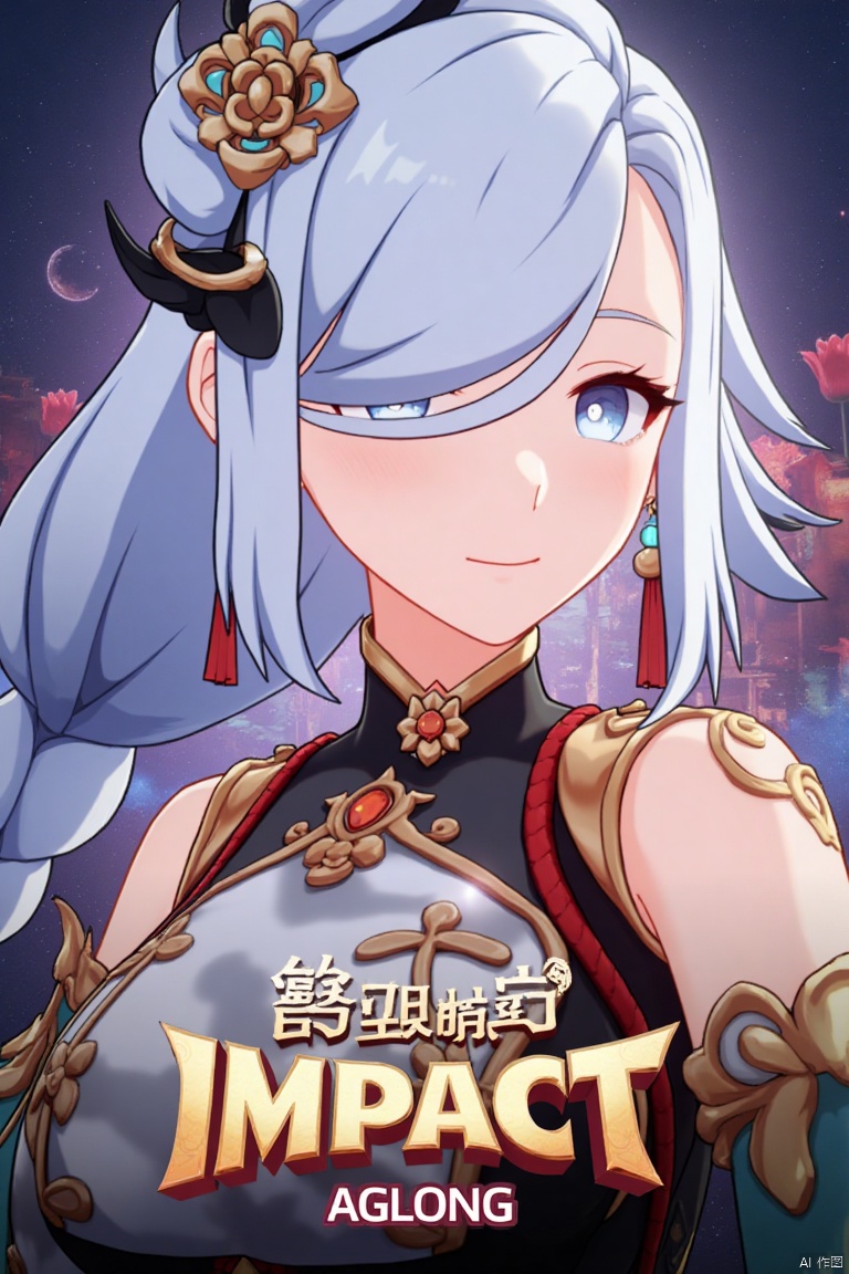 1girl, solo, upper body, very long white braided hair with a braided ponytail, hair over one eye, bangs, blue eyes, looking at viewer, blush, smile, parted lips, hair ornament, tassel earrings, tassel, bodysuit with gold trim, clothing cutout, flower, Shenhe (Genshin Impact) style, movie poster, three-dimensional text AGlong in the middle below, cinematic lighting, dynamic composition, detailed background with poster theme, high contrast, sharp focus, dramatic atmosphere. The girl's confident pose highlights the intricate details of her outfit, while the vibrant, themed background and bold text create a striking cinematic poster design.
