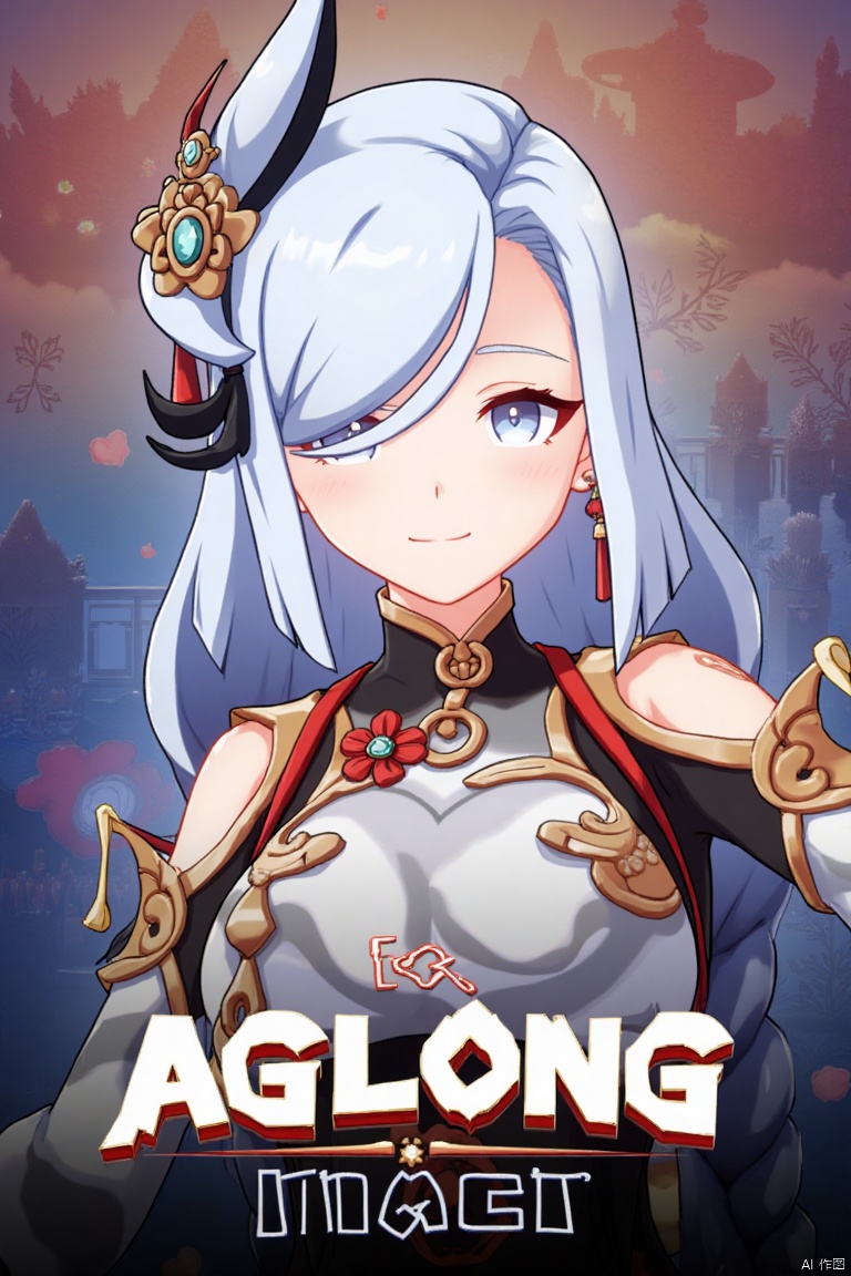 1girl, solo, upper body, very long white braided hair with a braided ponytail, hair over one eye, bangs, blue eyes, looking at viewer, blush, smile, parted lips, hair ornament, tassel earrings, tassel, bodysuit with gold trim, clothing cutout, flower, Shenhe (Genshin Impact) style, movie poster, three-dimensional text AGlong in the middle below, cinematic lighting, dynamic composition, detailed background with poster theme, high contrast, sharp focus, dramatic atmosphere. The girl's confident pose highlights the intricate details of her outfit, while the vibrant, themed background and bold text create a striking cinematic poster design.