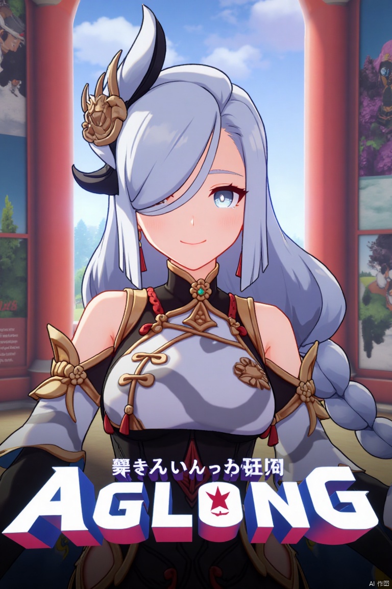 1girl, solo, upper body, very long white braided hair with a braided ponytail, hair over one eye, bangs, blue eyes, looking at viewer, blush, smile, parted lips, hair ornament, tassel earrings, tassel, bodysuit with gold trim, clothing cutout, flower, Shenhe (Genshin Impact) style, movie poster, three-dimensional text AGlong in the middle below, cinematic lighting, dynamic composition, detailed background with poster theme, high contrast, sharp focus, dramatic atmosphere. The girl stands confidently, her pose emphasizing the bodysuit's cutout and gold trim, with a flower accentuating her outfit. The background features a vibrant, themed setting, enhancing the cinematic feel. The text AGlong stands out in bold, three-dimensional form, adding to the dramatic poster design.