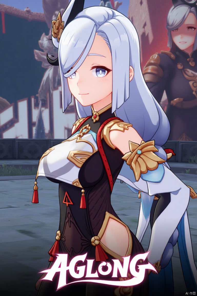 1girl, solo, upper body, very long white braided hair with a braided ponytail, hair over one eye, bangs, blue eyes, looking at viewer, blush, smile, parted lips, hair ornament, tassel earrings, tassel, bodysuit with gold trim, clothing cutout, flower, Shenhe (Genshin Impact) style, movie poster, three-dimensional text AGlong in the middle below, cinematic lighting, dynamic composition, detailed background with poster theme, high contrast, sharp focus, dramatic atmosphere. The girl stands confidently, her pose emphasizing the bodysuit's cutout and gold trim, with a flower accentuating her outfit. The background features a vibrant, themed setting, enhancing the cinematic feel. The text AGlong stands out in bold, three-dimensional form, adding to the dramatic poster design.