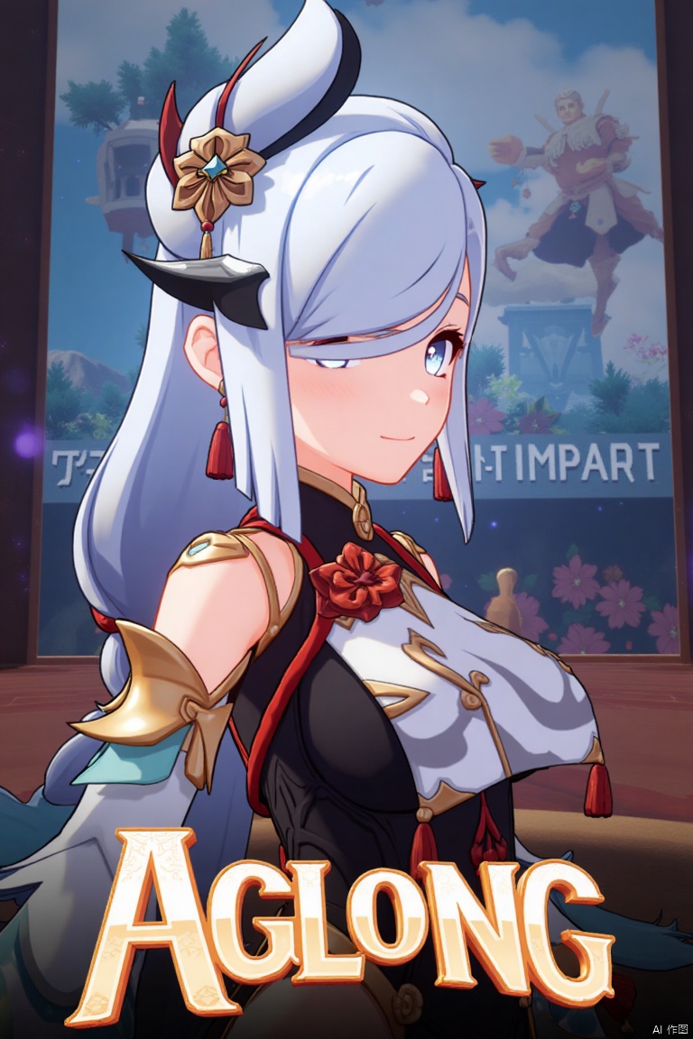 1girl, solo, upper body, very long white braided hair with a braided ponytail, hair over one eye, bangs, blue eyes, looking at viewer, blush, smile, parted lips, hair ornament, tassel earrings, tassel, bodysuit with gold trim, clothing cutout, flower, Shenhe (Genshin Impact) style, movie poster, three-dimensional text AGlong in the middle below, cinematic lighting, dynamic composition, detailed background with poster theme, high contrast, sharp focus, dramatic atmosphere. The girl stands confidently, her pose emphasizing the bodysuit's cutout and gold trim, with a flower accentuating her outfit. The background features a vibrant, themed setting, enhancing the cinematic feel. The text AGlong stands out in bold, three-dimensional form, adding to the dramatic poster design.