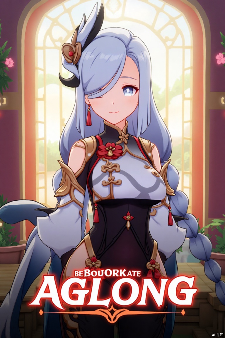 1girl, solo, upper body, very long white braided hair with a braided ponytail, hair over one eye, bangs, blue eyes, looking at viewer, blush, smile, parted lips, hair ornament, tassel earrings, tassel, bodysuit with gold trim, clothing cutout, flower, Shenhe (Genshin Impact) style, movie poster, three-dimensional text AGlong in the middle below, cinematic lighting, dynamic composition, detailed background with poster theme, high contrast, sharp focus, dramatic atmosphere. The girl stands confidently, her pose emphasizing the bodysuit's cutout and gold trim, with a flower accentuating her outfit. The background features a vibrant, themed setting, enhancing the cinematic feel. The text AGlong stands out in bold, three-dimensional form, adding to the dramatic poster design.