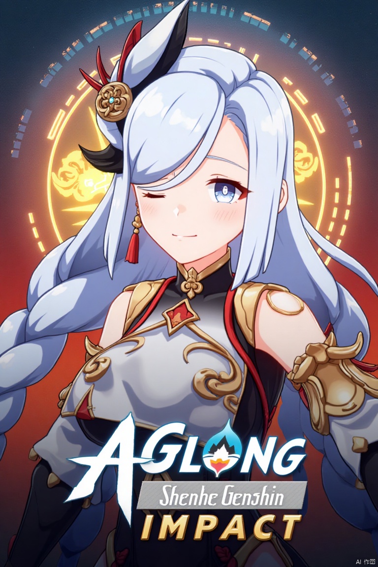 1girl, solo, upper body, very long white braided hair with a braided ponytail, hair over one eye, bangs, blue eyes, looking at viewer, blush, smile, parted lips, hair ornament, tassel earrings, tassel, bodysuit with gold trim, clothing cutout, flower, Shenhe (Genshin Impact) style, movie poster, three-dimensional text AGlong in the middle below, cinematic lighting, dynamic composition, detailed background with poster theme, high contrast, sharp focus, dramatic atmosphere. The girl's confident pose highlights the intricate details of her outfit, while the vibrant, themed background and bold text create a striking cinematic poster design.