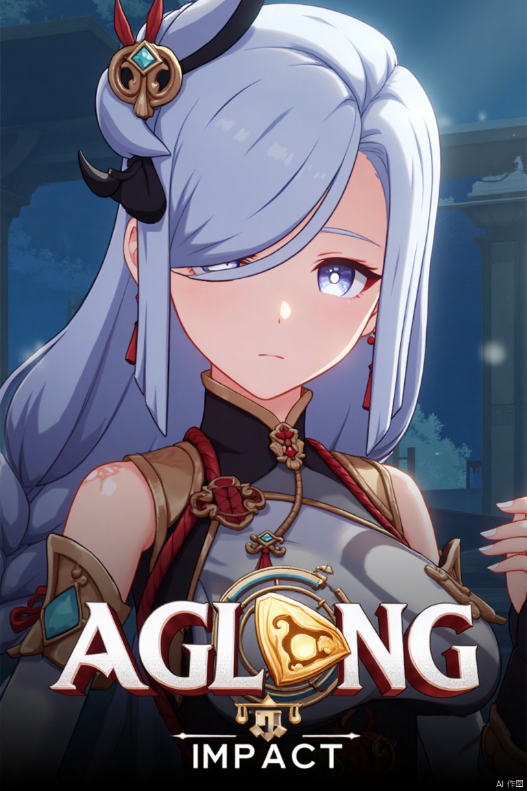 1girl, solo, standing, very long white and grey braided hair with a braided ponytail, hair over one eye, bangs, blue eyes, looking at viewer, closed mouth, hair ornament, holding jewelry, shoulder cutout, tassel earrings, tassel, Shenhe (Genshin Impact) style, movie poster, three-dimensional text AGlong in the middle below, cinematic lighting, dynamic composition, detailed background with poster theme, high contrast, sharp focus, dramatic atmosphere.
