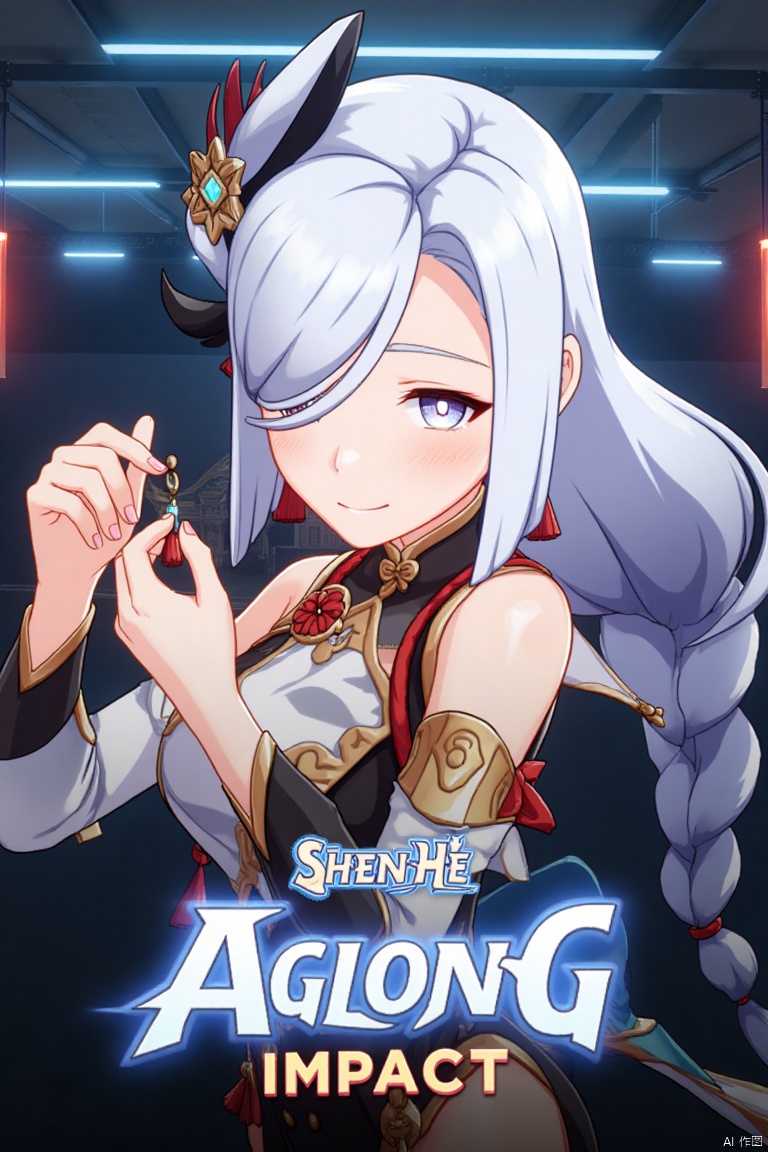 1girl, solo, upper body, very long white braided hair with a braided ponytail, hair over one eye, bangs, blue eyes, looking at viewer, blush, smile, parted lips, hair ornament, holding jewelry, tassel earrings, tassel, bodysuit with gold trim, clothing cutout, flower, Shenhe (Genshin Impact) style, movie poster, three-dimensional text AGlong in the middle below, cinematic lighting, dynamic composition, detailed background with poster theme, high contrast, sharp focus, dramatic atmosphere.