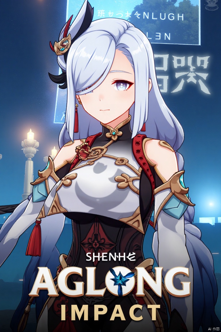 1girl, solo, standing, very long white and grey braided hair with a braided ponytail, hair over one eye, bangs, blue eyes, looking at viewer, closed mouth, hair ornament, black gloves, partially fingerless gloves, holding jewelry, shoulder cutout, tassel earrings, tassel, Shenhe (Genshin Impact) style, movie poster, three-dimensional text AGlong in the middle below, cinematic lighting, dynamic composition, detailed background with poster theme, high contrast, sharp focus, dramatic atmosphere.