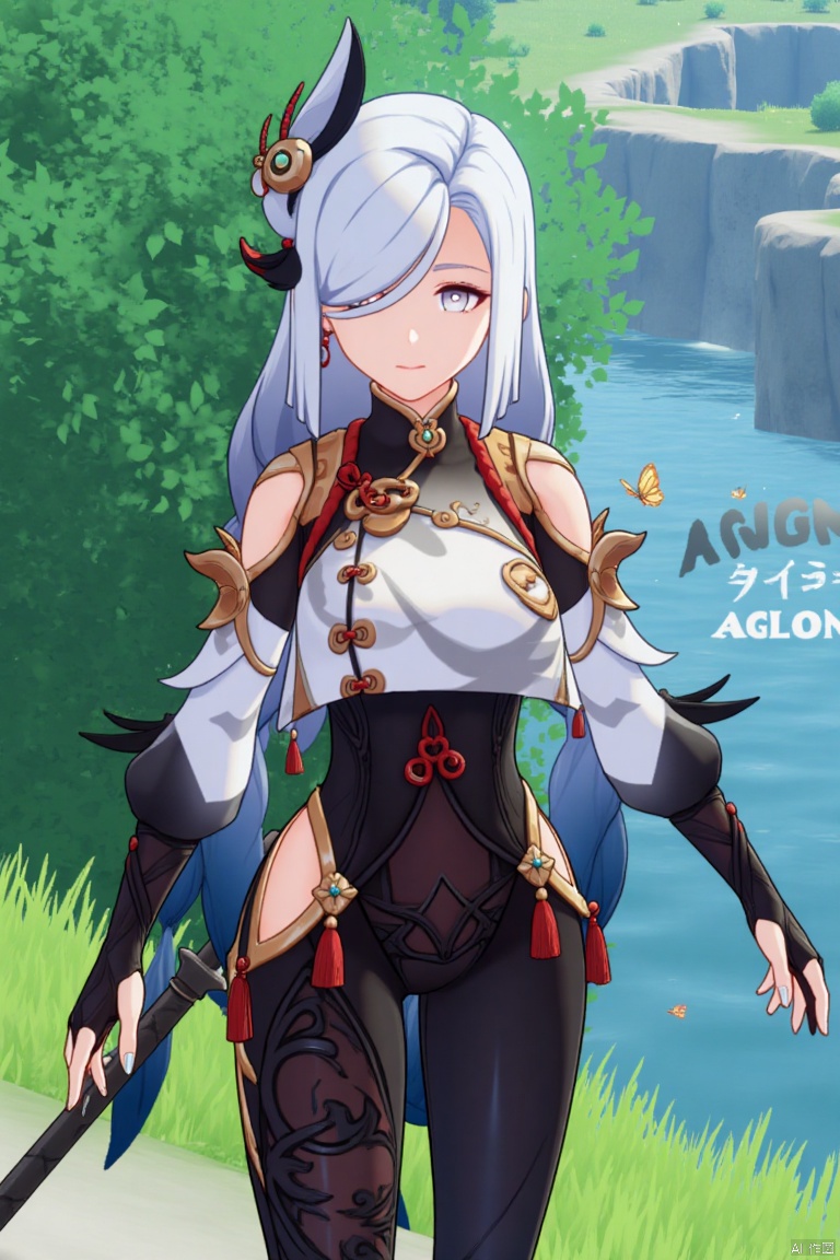 1girl, solo, standing, very long white and grey braided hair with a braided ponytail, hair over one eye, bangs, blue eyes, looking at viewer, hair ornament, black gloves, partially fingerless gloves, holding a polearm, tassel earrings, tassel, black bodysuit with gold trim, puffy long sleeves, clothing cutout, covered navel, Chinese clothes, inspired by Shenhe (Genshin Impact), outdoors in nature with water, grass, butterfly, and bug, movie poster, three-dimensional text AGlong in the middle below, cinematic lighting, dynamic composition, detailed background with poster theme, high contrast, sharp focus, dramatic atmosphere.