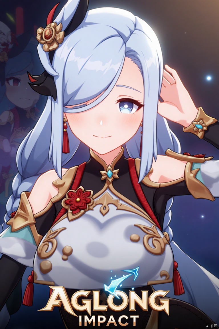 1girl, solo, upper body, very long white braided hair with a braided ponytail, hair over one eye, bangs, blue eyes, looking at viewer, blush, smile, parted lips, hand up, hair ornament, holding jewelry, tassel earrings, tassel, bodysuit with gold trim, clothing cutout, flower, Shenhe (Genshin Impact) style, movie poster, three-dimensional text AGlong in the middle below, cinematic lighting, dynamic composition, detailed background with poster theme, high contrast, sharp focus, dramatic atmosphere.