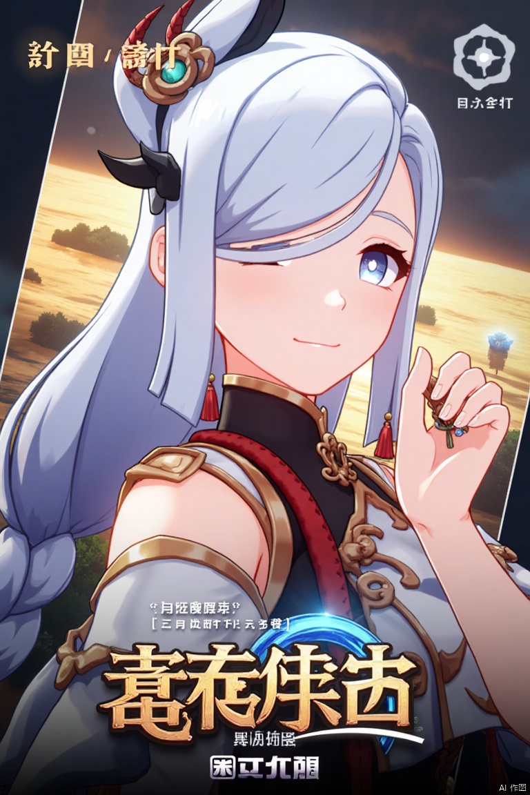 1girl, solo, upper body, very long white braided hair with a braided ponytail, hair over one eye, bangs, blue eyes, looking at viewer, blush, smile, parted lips, hair ornament, holding jewelry, tassel earrings, tassel, bodysuit with gold trim, clothing cutout, flower, Shenhe (Genshin Impact) style, movie poster, three-dimensional text AGlong in the middle below, cinematic lighting, dynamic composition, detailed background with poster theme, high contrast, sharp focus, dramatic atmosphere.