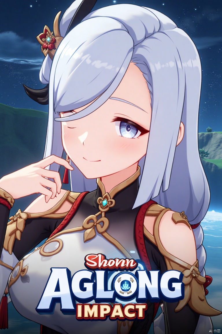 1girl, solo, upper body, very long white braided hair with a braided ponytail, hair over one eye, bangs, blue eyes, looking at viewer, blush, smile, parted lips, hand up, hair ornament, holding jewelry, tassel earrings, tassel, bodysuit with gold trim, clothing cutout, flower, Shenhe (Genshin Impact) style, movie poster, three-dimensional text AGlong in the middle below, cinematic lighting, dynamic composition, detailed background with poster theme, high contrast, sharp focus, dramatic atmosphere.