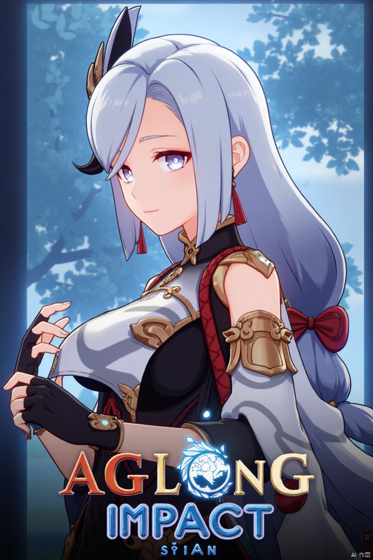 1girl, solo, standing, very long white and grey braided hair with a braided ponytail, hair over one eye, bangs, blue eyes, looking at viewer, closed mouth, hair ornament, black gloves, partially fingerless gloves, holding jewelry, shoulder cutout, tassel earrings, tassel, Shenhe (Genshin Impact) style, movie poster, three-dimensional text AGlong in the middle below, cinematic lighting, dynamic composition, detailed background with poster theme, high contrast, sharp focus, dramatic atmosphere.