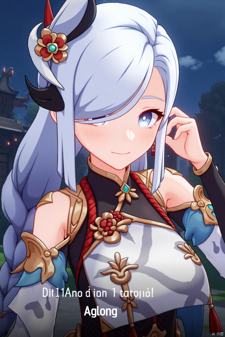 1girl, solo, upper body, very long white braided hair with a braided ponytail, hair over one eye, bangs, blue eyes, looking at viewer, blush, smile, parted lips, hand up, hair ornament, holding jewelry, tassel earrings, tassel, bodysuit with gold trim, clothing cutout, flower, Shenhe (Genshin Impact) style, movie poster, three-dimensional text AGlong in the middle below, cinematic lighting, dynamic composition, detailed background with poster theme, high contrast, sharp focus, dramatic atmosphere.