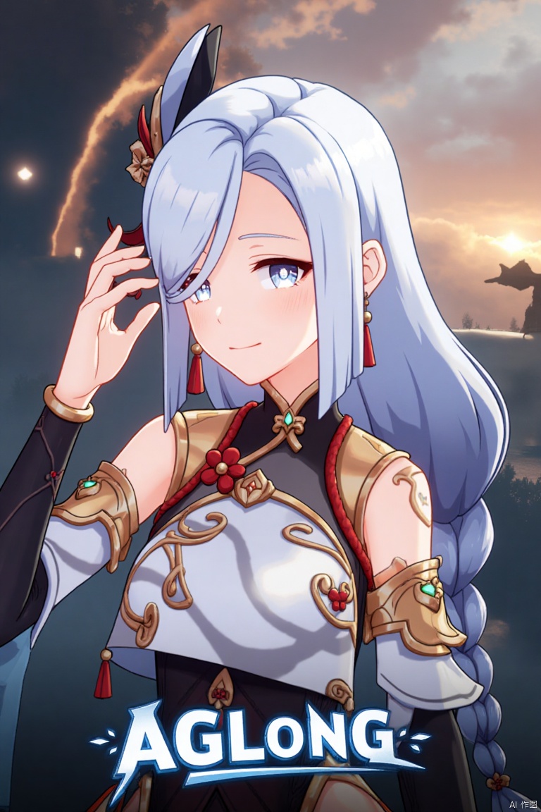 1girl, solo, upper body, very long white braided hair with a braided ponytail, hair over one eye, bangs, blue eyes, looking at viewer, blush, smile, parted lips, hair ornament, holding jewelry, tassel earrings, tassel, bodysuit with gold trim, clothing cutout, flower, Shenhe (Genshin Impact) style, movie poster, three-dimensional text AGlong in the middle below, cinematic lighting, dynamic composition, detailed background with poster theme, high contrast, sharp focus, dramatic atmosphere.