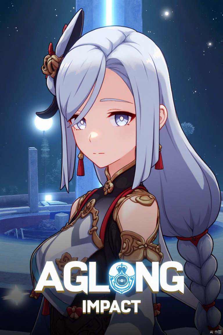 1girl, solo, standing, very long white and grey braided hair with a braided ponytail, hair over one eye, bangs, blue eyes, looking at viewer, closed mouth, hair ornament, holding jewelry, shoulder cutout, tassel earrings, tassel, Shenhe (Genshin Impact) style, movie poster, three-dimensional text AGlong in the middle below, cinematic lighting, dynamic composition, detailed background with poster theme, high contrast, sharp focus, dramatic atmosphere.