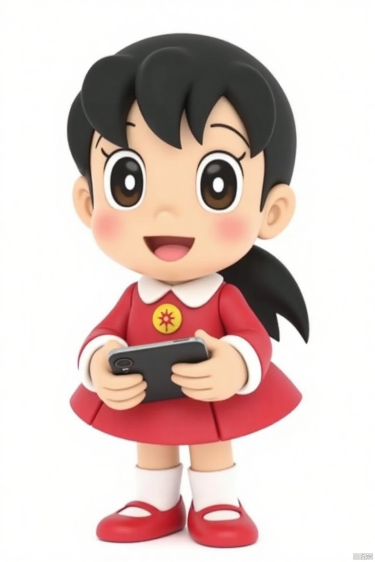 jingxiang,Asian illustration, round face, female college student holding a phone, wearing New Year's red clothes, high ponytail, happy smile, full of youthful vitality, white background, high-definition mod, glowwave, simple, clay, 3D, blender, OC rendering, popular market, blind box toys, C4D, Disney style, matte niji 5-ar 3:4-250- strong style expression - no headphones - iw 2,