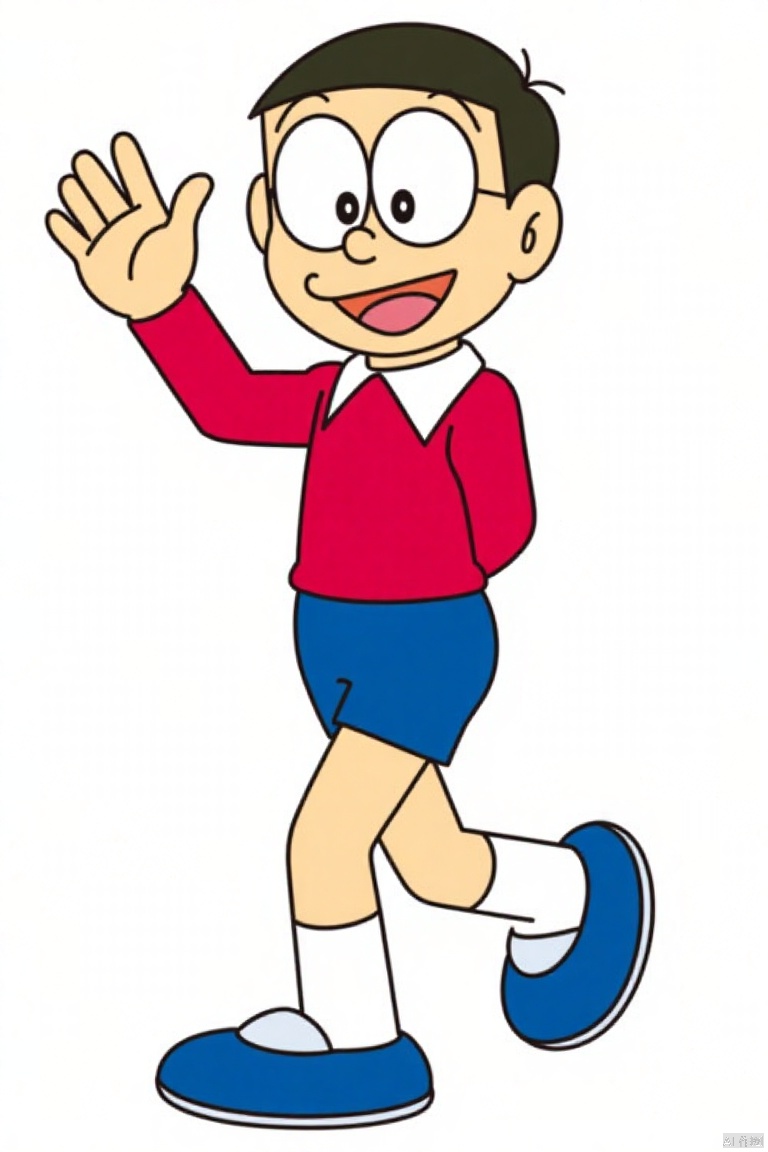 daxiong,blue shorts, red shirt,cartoon character,boy waving, smiling, white background,, smiling happily, walking forward, red shirt wearing
