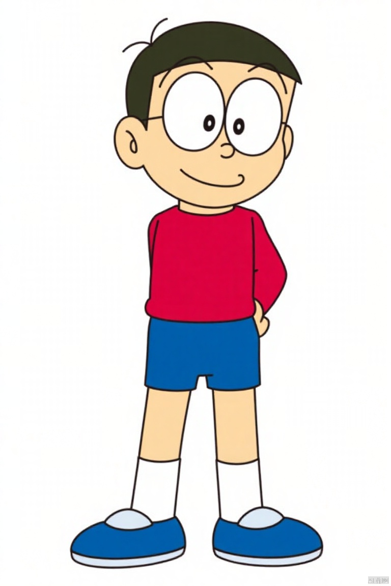 daxiong,blue shorts, red shirt,cartoon character,1boy, white background,
