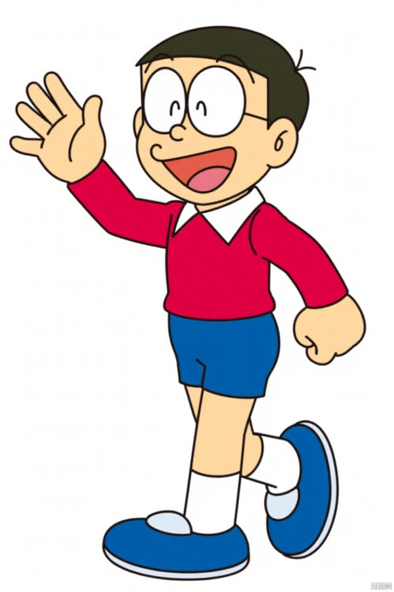 daxiong,blue shorts, red shirt,cartoon character,boy waving, smiling, white background,, smiling happily, walking forward, red shirt wearing