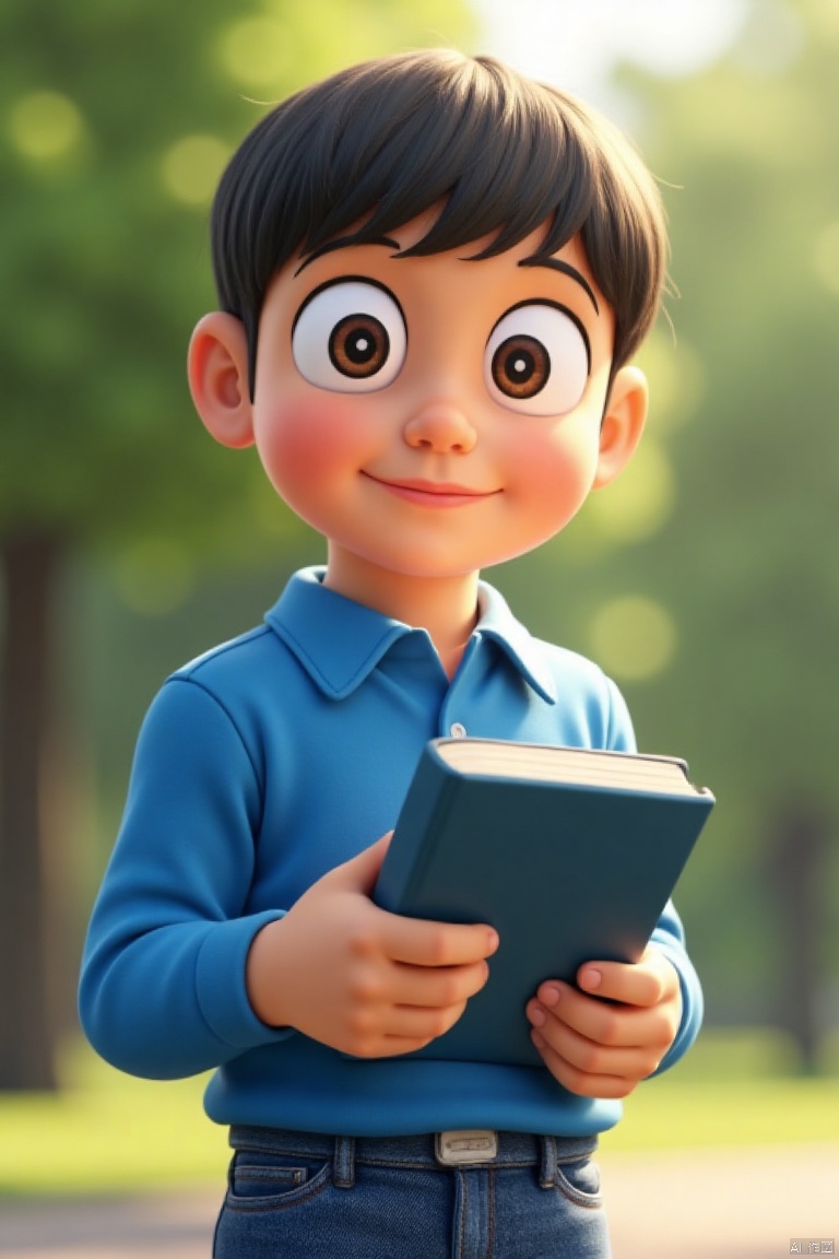 daxiong,(best quality,4k,8k,highres,masterpiece:1.2),ultra-detailed,(realistic,photorealistic,photo-realistic:1.37),1boy,beautiful detailed eyes,beautiful detailed lips,extremely detailed eyes and face,long eyelashes,short hair,smiling,standing,blue shirt,jeans,holding a book,looking at the viewer,background park,green trees,sunny day,soft lighting,evening light,shadows,realistic skin,sharp focus,physically-based rendering,extreme detail description,professional,vivid colors,bokeh,portraits