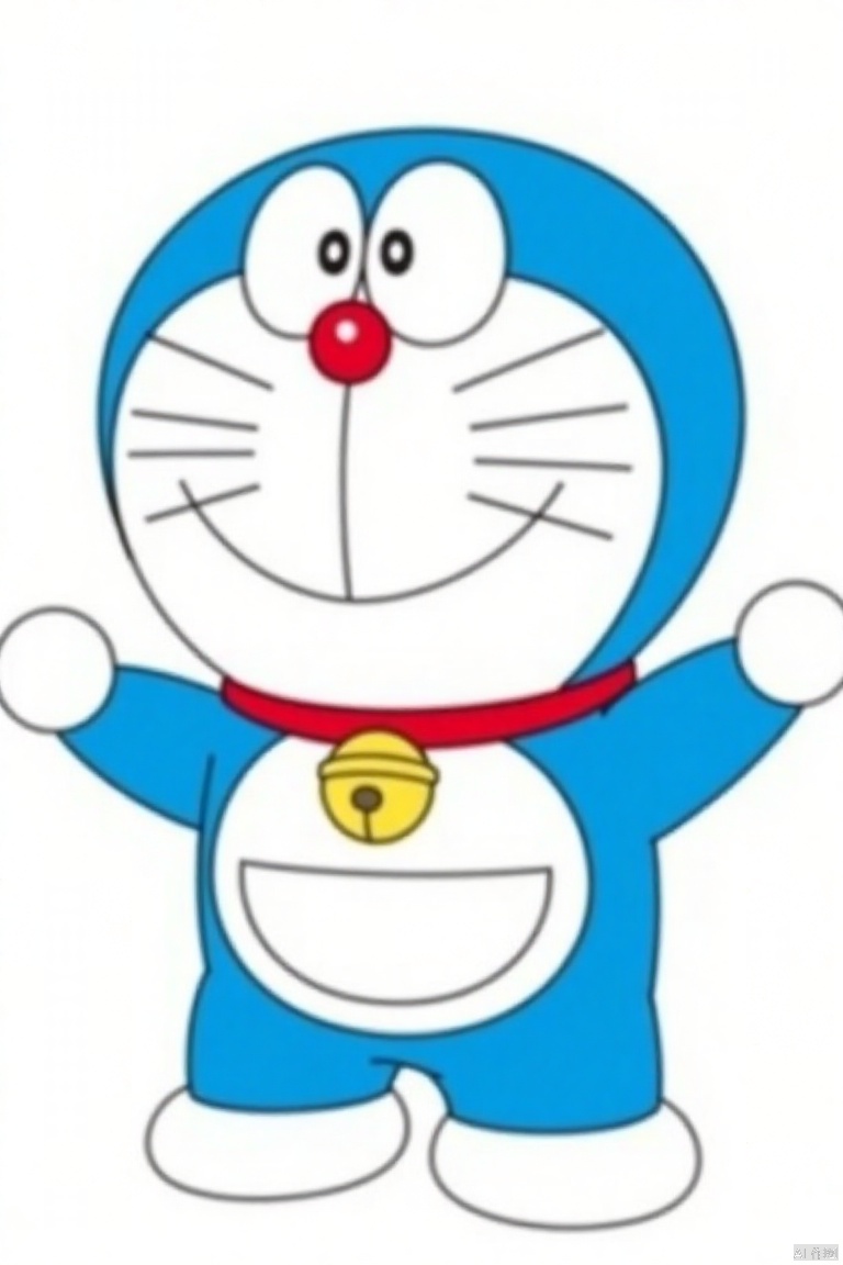 duolaameng,cartoon character, red collar, white shoes,blue robot cat,blue cat, blue and white cat, colors stand out,