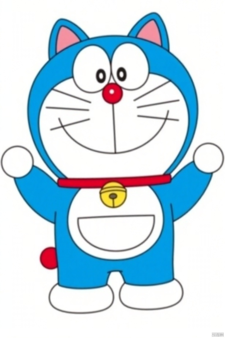 duolaameng,cartoon character, red collar, white shoes,blue robot cat,blue cat, blue and white cat, colors stand out,