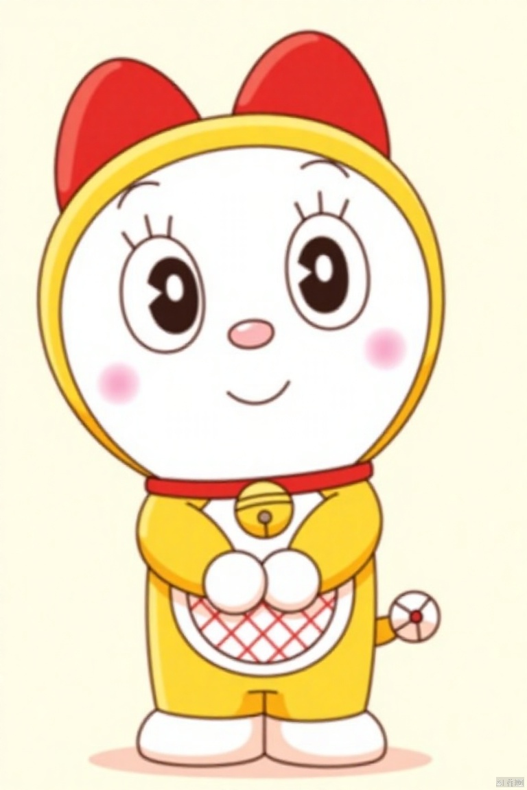 duolamei,cartoon character, yellow red clothing, wearing yellow,yellow and white cat,yellow clothes, wearing red,detailed background,subtle shadows,soft colors,romantic atmosphere,fine details,enhanced details,smooth skin,ethereal beauty