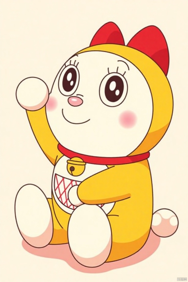 duolamei,cartoon character, yellow red clothing, wearing yellow,yellow and white cat,yellow clothes, wearing red,detailed background,subtle shadows,soft colors,romantic atmosphere,fine details,enhanced details,smooth skin,ethereal beauty