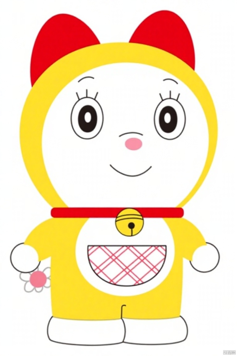 duolamei,cartoon character, yellow red clothing, wearing yellow,yellow and white cat,yellow clothes, wearing red