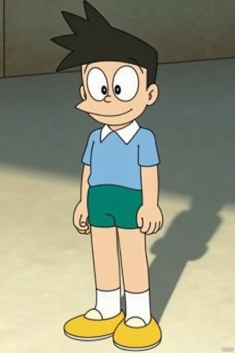 xiaofu, white socks, yellow shorts,black hair,spiky black hair, green shorts, blue shirt, yellow shoes, large eyes,detailed background,subtle shadows,soft colors,romantic atmosphere,fine details,enhanced details,smooth skin,ethereal beauty