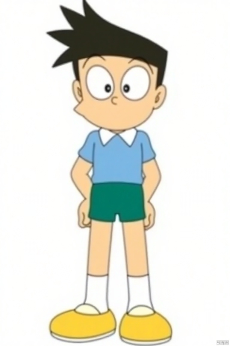 xiaofu, white socks, yellow shorts,black hair,spiky black hair, green shorts, blue shirt, yellow shoes, large eyes,