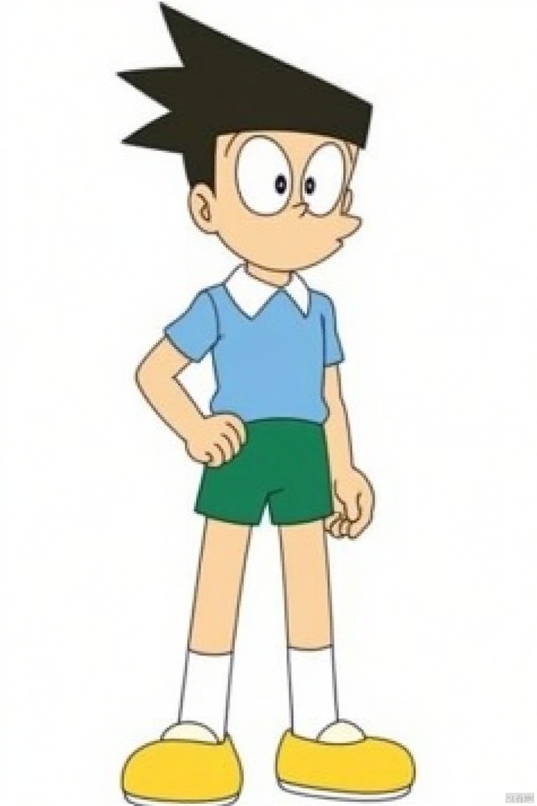xiaofu, white socks, yellow shorts,black hair,spiky black hair, green shorts, blue shirt, yellow shoes, large eyes,