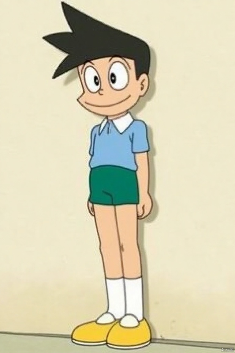 xiaofu, white socks, yellow shorts,black hair,spiky black hair, green shorts, blue shirt, yellow shoes, large eyes,detailed background,subtle shadows,soft colors,romantic atmosphere,fine details,enhanced details,smooth skin,ethereal beauty