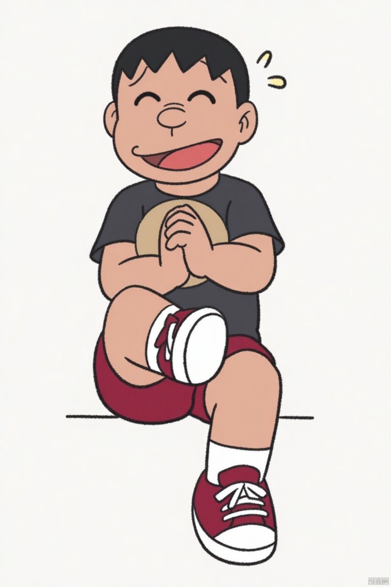 panghu,cartoon character,short black hair, wide smile,shirt,short, red sneakers,  small eyes, sitting down, leg crossed