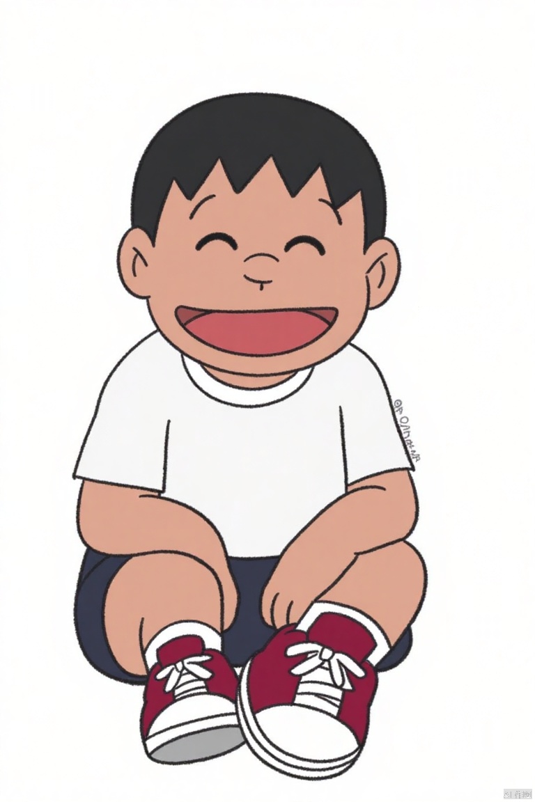 panghu,cartoon character,short black hair, wide smile,shirt,short, red sneakers,  small eyes, sitting down, leg crossed