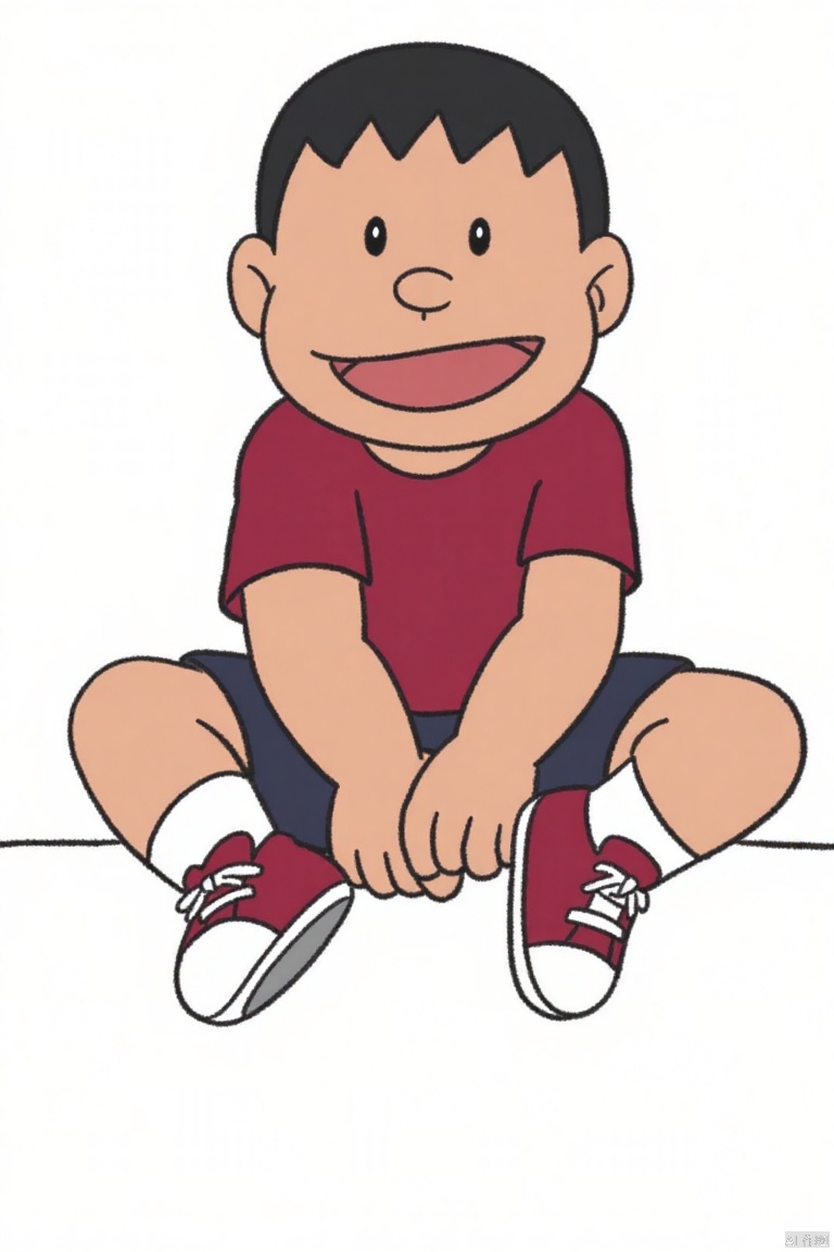 panghu,cartoon character,short black hair, wide smile,shirt,short, red sneakers,  small eyes, sitting down, leg crossed