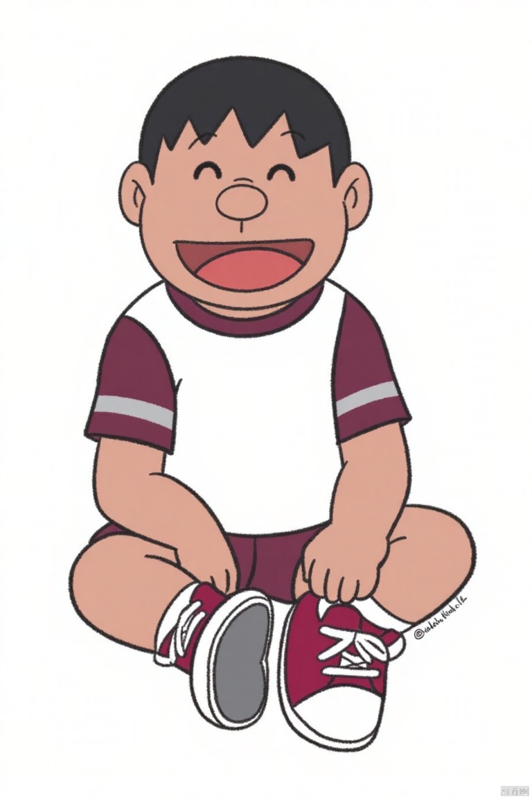 panghu,cartoon character,short black hair, wide smile,shirt,short, red sneakers,  small eyes, sitting down, leg crossed