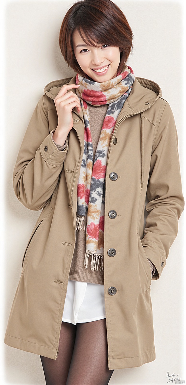 (((best quality))),(((super detailed))),(((Masterpiece))),illustration,1 girl,detailed face,ok,smile,windbreaker,scarf,pantyhose