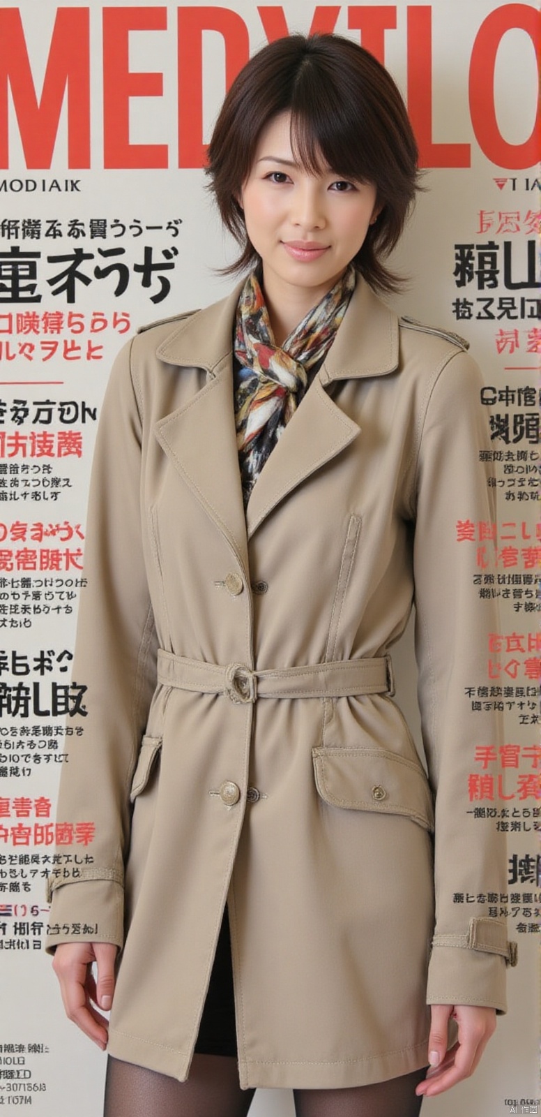 magazine cover(((best quality))),(((super detailed))),(((Masterpiece))),illustration,1 girl,detailed face,ok,smile,windbreaker,scarf,pantyhose,