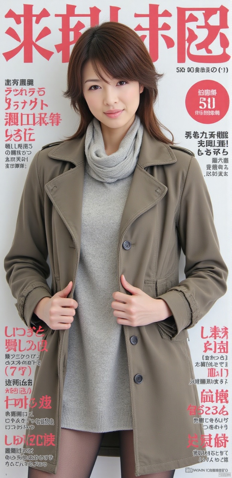 magazine cover(((best quality))),(((super detailed))),(((Masterpiece))),illustration,1 girl,detailed face,ok,smile,windbreaker,scarf,pantyhose,