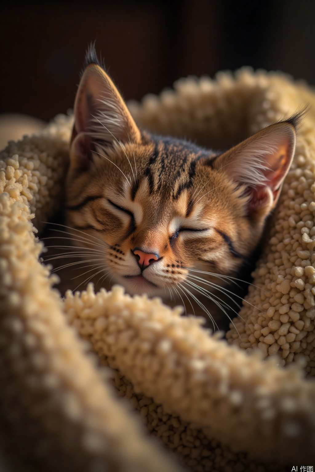 A sleepy cat's adorable face is captured in a warm, golden light, with gentle shadows framing its features. The camera lens is positioned directly above the cat's head, emphasizing its soft, puffy whiskers and closed eyes. A plush, cream-colored blanket provides a cozy background, as the cat's tiny pink nose and delicate ears are showcased in intimate detail.
