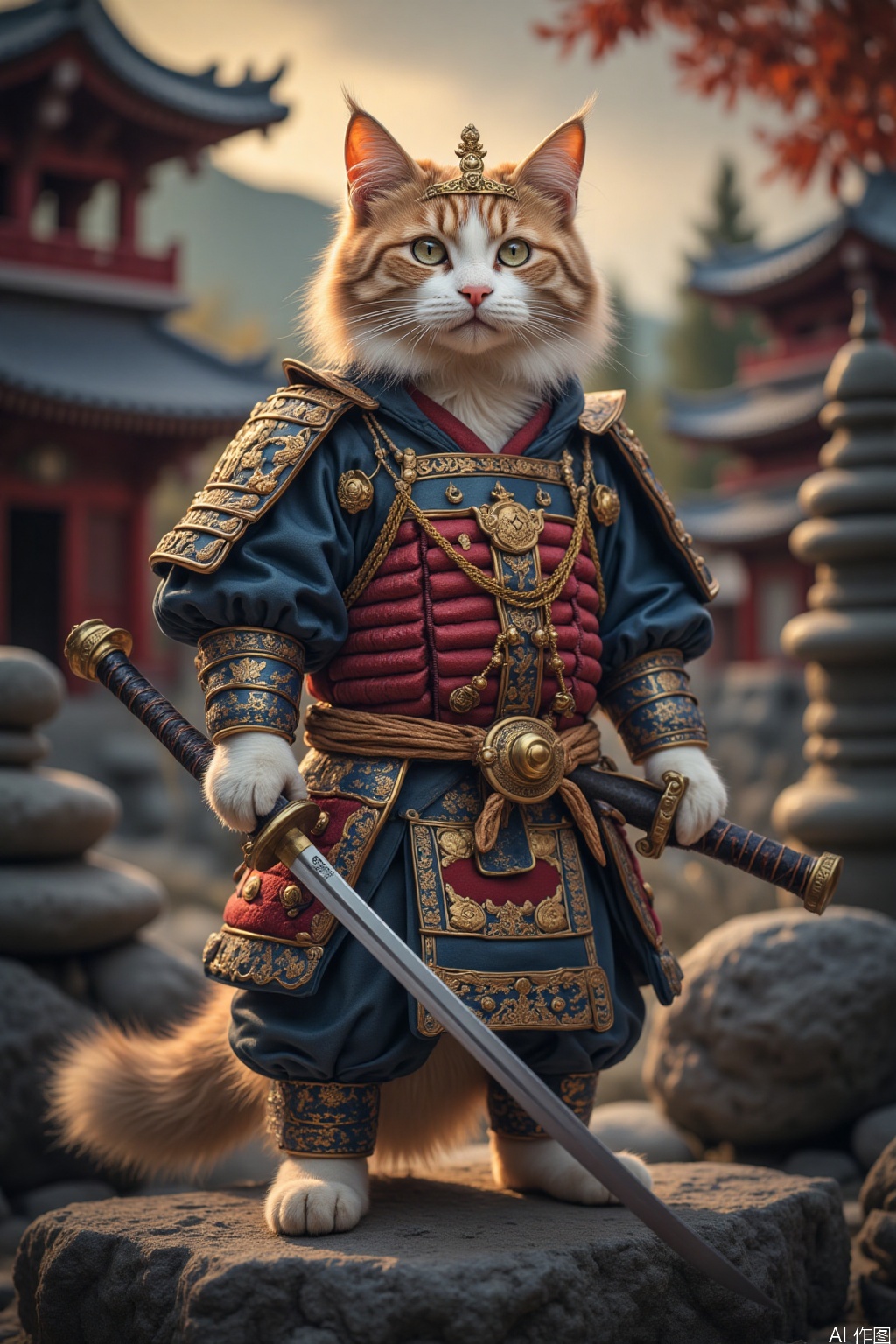 The image depicts a cat dressed in elaborate traditional attire, resembling a samurai warrior. The cat is standing on a stone surface, with a sword in its right paw and another sword in its left. The samurai outfit is richly decorated with intricate patterns in gold and blue, and the cat is wearing a small crown, suggesting a regal or noble status. The background features a traditional East Asian architectural style, with pagodas and stone structures, indicating a historical or cultural setting. The overall scene is vibrant and detailed, with a focus on the anthropomorphic cat dressed as a samurai.