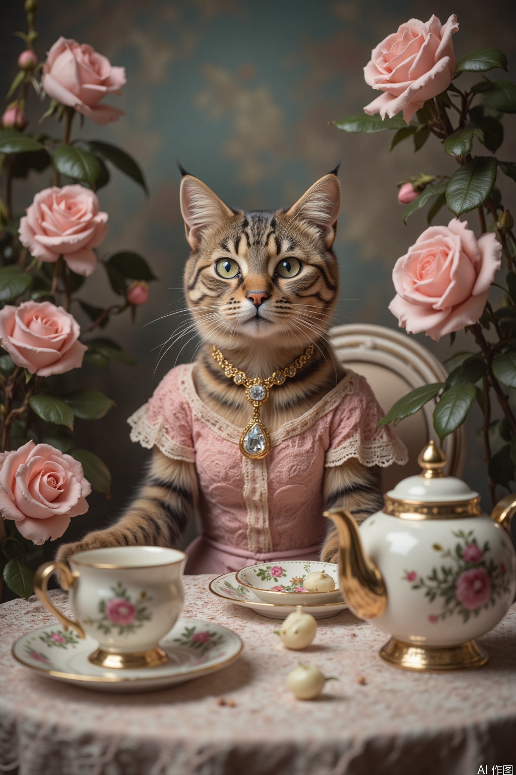 The image depicts a cat dressed in an elegant, vintage-style outfit, sitting at a table adorned with a lace tablecloth. The cat is wearing a pink dress with intricate lace details and a golden necklace with a large, sparkling gemstone. The table is set with a delicate tea set, including a teacup, saucer, and a teapot with ornate gold detailing. Surrounding the cat are lush, pink roses in full bloom, adding a romantic and whimsical atmosphere to the scene. The background features a soft, muted color palette that complements the overall vintage aesthetic.